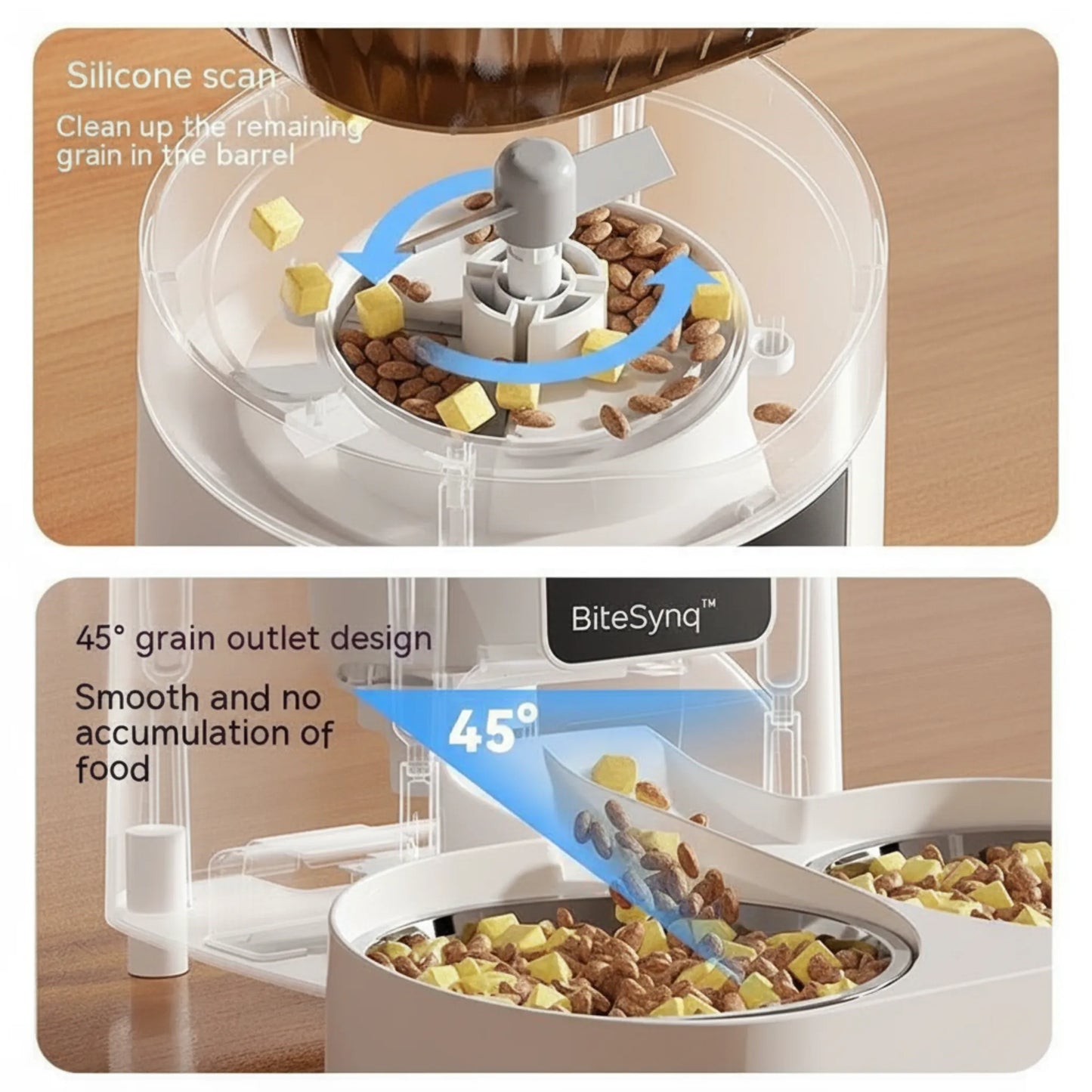 BiteSynq™ smart automatic pet feeder with silicone sweep system and 45° grain outlet – prevents food jams, smooth dispensing for cats and dogs.