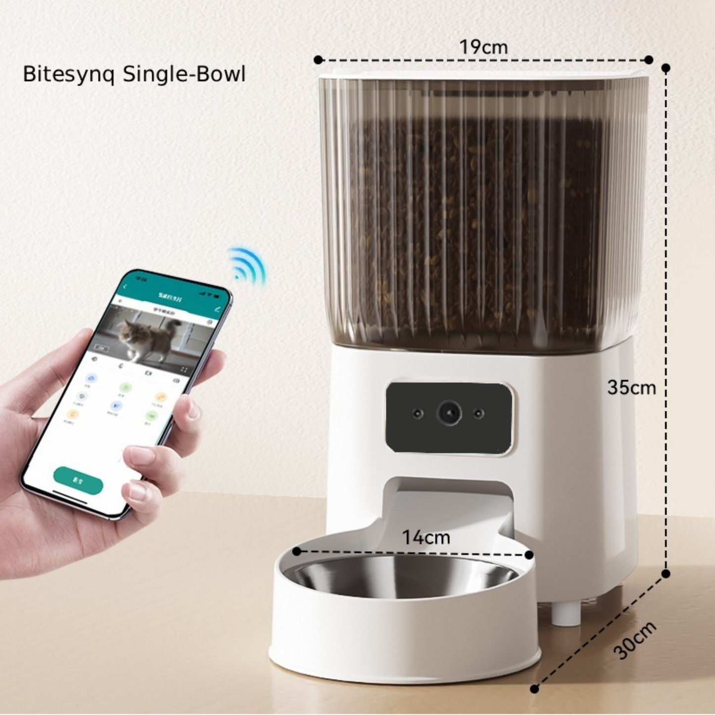 BiteSynq™ Smart Automatic Pet Feeder single-bowl model with HD camera, smartphone app control, and dimensions shown.