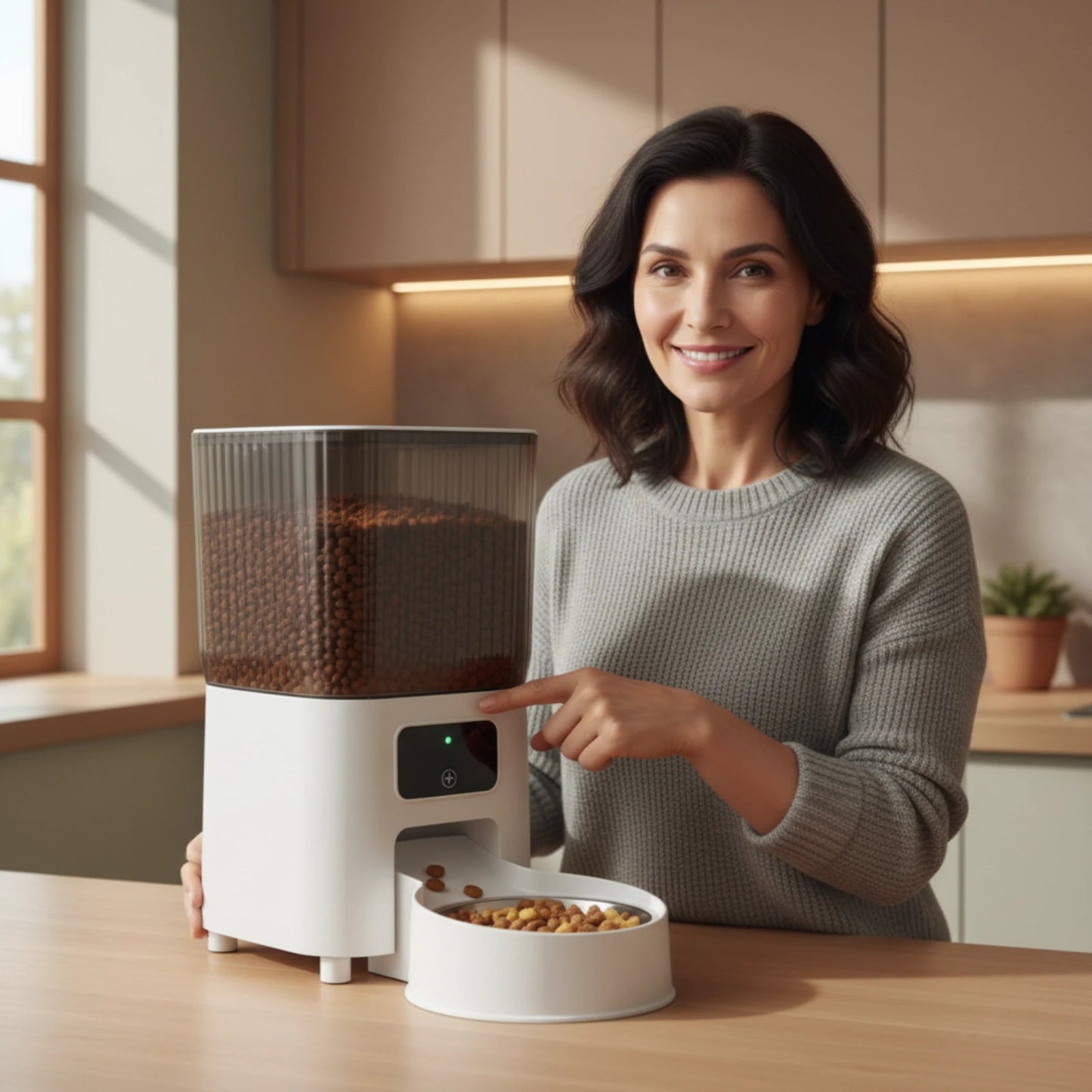 Smiling woman using BiteSynq™ Smart Automatic Cat Feeder with HD Camera in a modern kitchen, showing 5L capacity for cats and dogs.