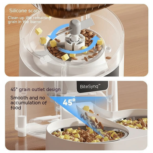 BiteSynq™ smart automatic pet feeder with silicone sweep system and 45° grain outlet – prevents food jams, smooth dispensing for cats and dogs.