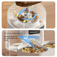 BiteSynq™ smart automatic pet feeder with silicone sweep system and 45° grain outlet – prevents food jams, smooth dispensing for cats and dogs.