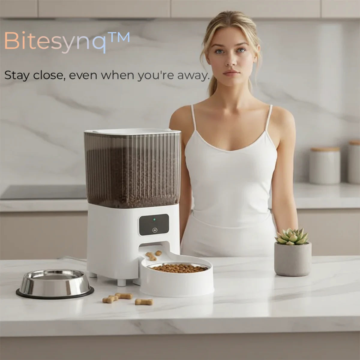 Woman standing in kitchen with BiteSynq™ Smart Automatic Cat Feeder with HD Camera, showing modern design, 5L capacity, and food bowl for cats and dogs.
